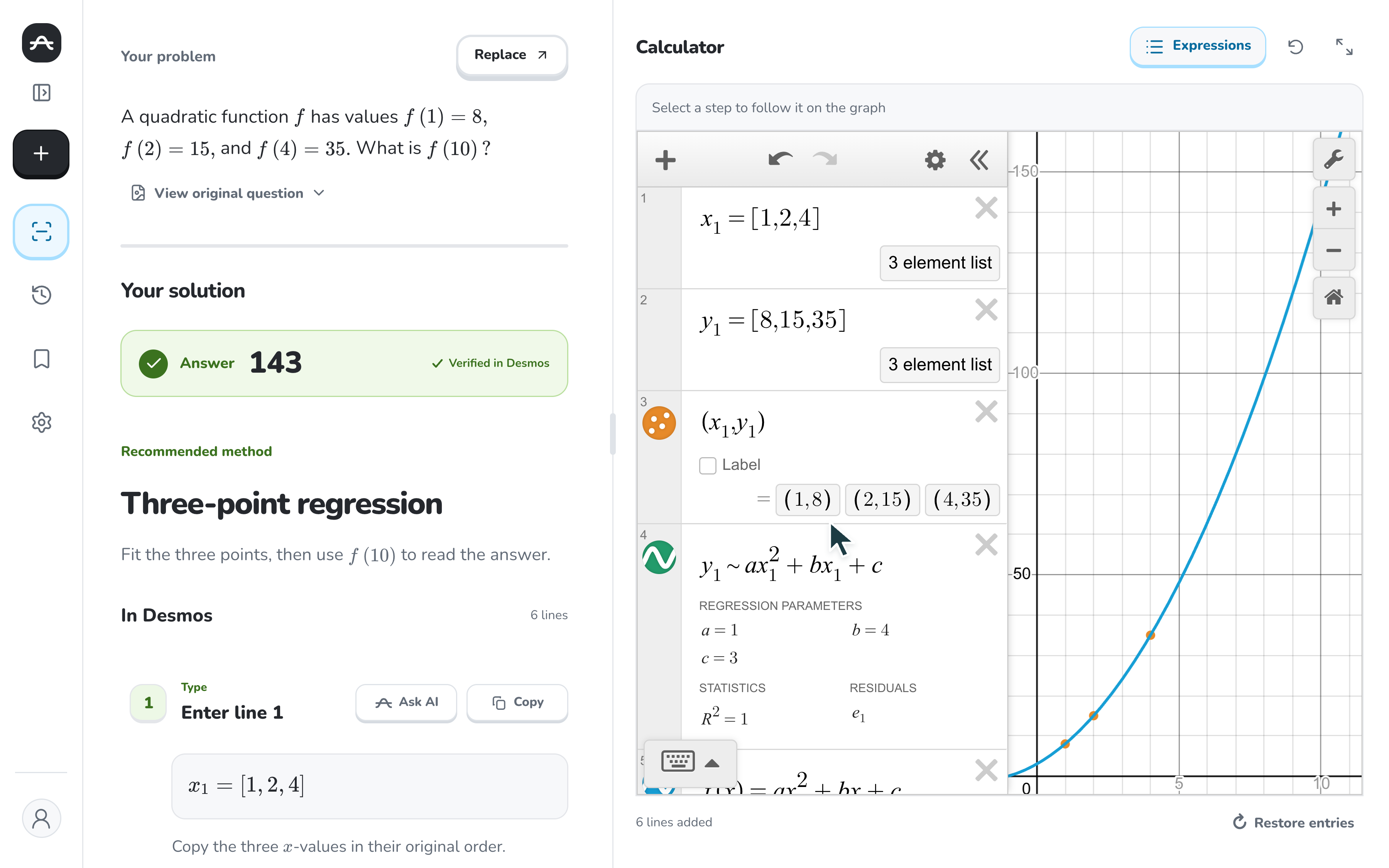 SolvePlot showing the uploaded quadratic question and explanation on the left, with Desmos data lists, a fitted parabola, and answer 143 on the right